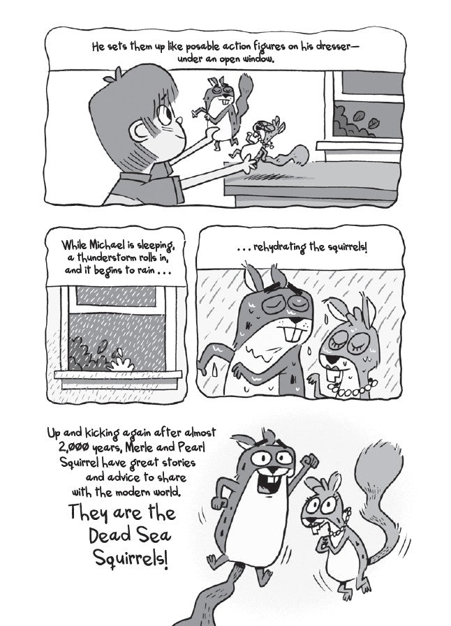 Book 4 – Squirrelnapped! | The Dead Sea Squirrels Series – A Fun Bible Adventure About Honesty for Kids. Comic strip with cartoon characters interacting with squirrels on a dresser.