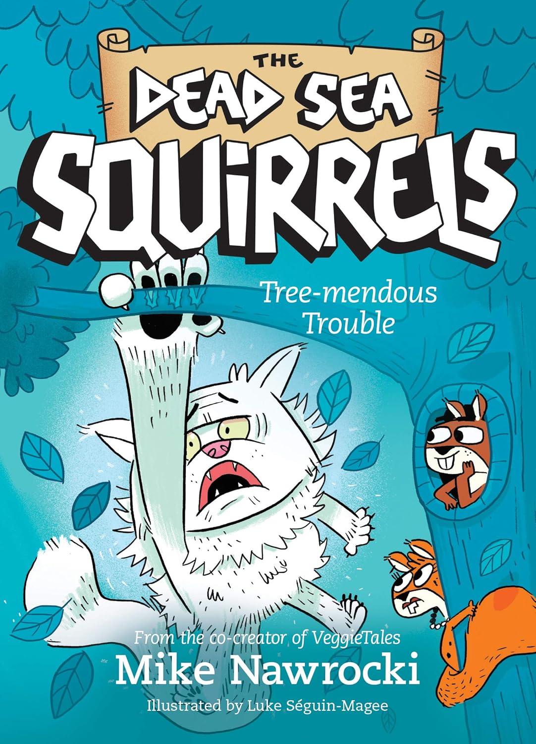Book 5 – Tree-Mendous Trouble | The Dead Sea Squirrels Series – A Fun Christian Story About Kindness and Friendship for Kids. Book cover of 'The Dead Sea Squirrels: Tree-mendous Trouble' with cartoon characters and blue background.