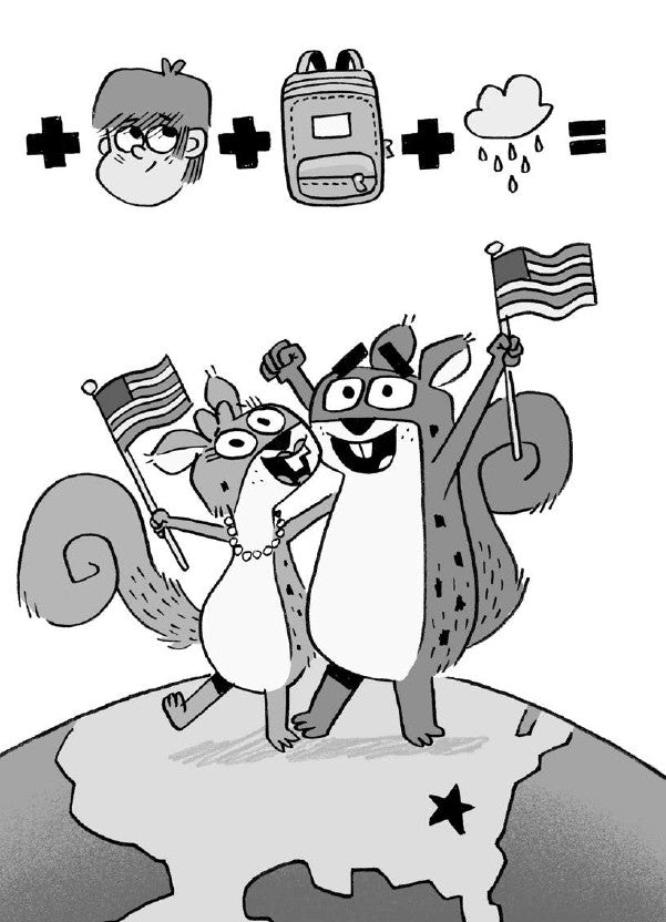 Book 5 – Tree-Mendous Trouble | The Dead Sea Squirrels Series – A Fun Christian Story About Kindness and Friendship for Kids. Cartoon characters with flags and backpacks on a globe