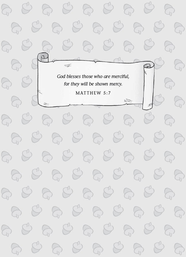 Book 5 – Tree-Mendous Trouble | The Dead Sea Squirrels Series – A Fun Christian Story About Kindness and Friendship for Kids. Text from Matthew 5:7 on a scroll with a patterned background