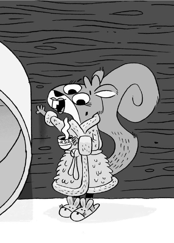 Book 5 – Tree-Mendous Trouble | The Dead Sea Squirrels Series – A Fun Christian Story About Kindness and Friendship for Kids. Cartoon squirrel in a bathrobe holding a bowl, standing on a wooden floor.