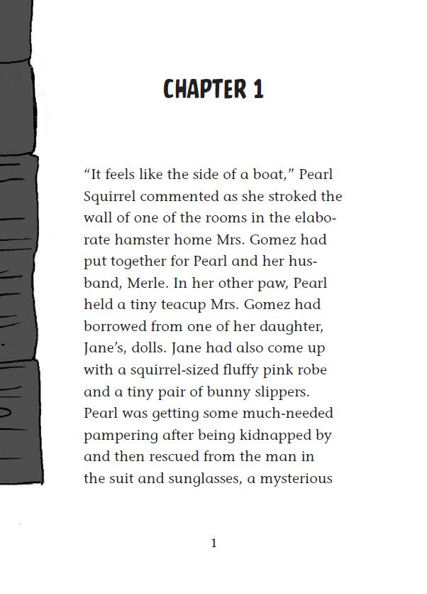 Book 5 – Tree-Mendous Trouble | The Dead Sea Squirrels Series – A Fun Christian Story About Kindness and Friendship for Kids, page with text and a gray illustration on a white background