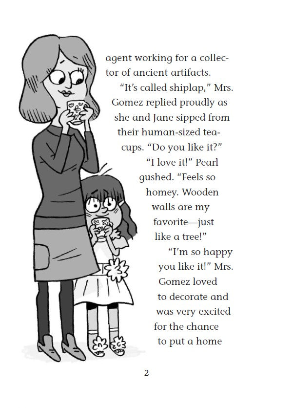 Book 5 – Tree-Mendous Trouble | The Dead Sea Squirrels Series – A Fun Christian Story About Kindness and Friendship for Kids. Illustration of a woman and child drinking from tea cups with text on a white background