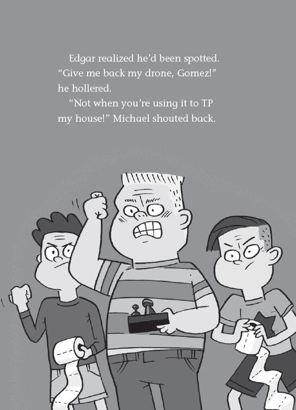 Book 6 – Whirly Squirrelies | The Dead Sea Squirrels Series – A Fun Christian Story About Self-Control and Friendship for Kids. Cartoon characters with text about a drone and teleportation on a gray background