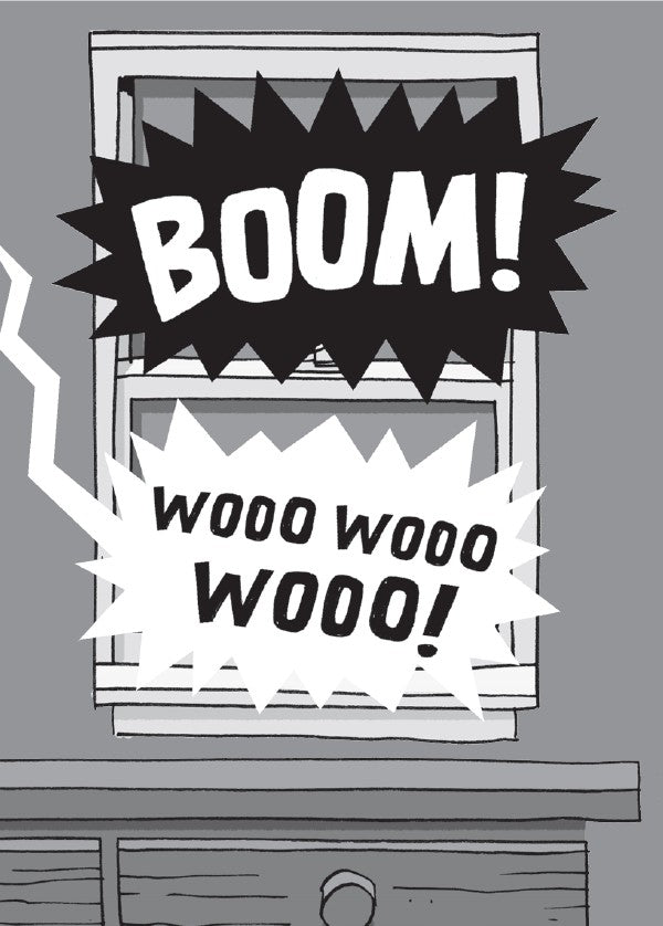 Book 6 – Whirly Squirrelies | The Dead Sea Squirrels Series – A Fun Christian Story About Self-Control and Friendship for Kids. Comic-style window with sound effects 'BOOM!' and 'WOOO' on a gray background