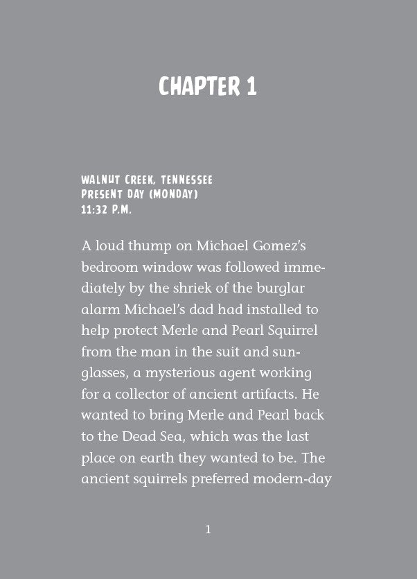 Book 6 – Whirly Squirrelies | The Dead Sea Squirrels Series – A Fun Christian Story About Self-Control and Friendship for Kids Chapter 1 of a book with text on a gray background