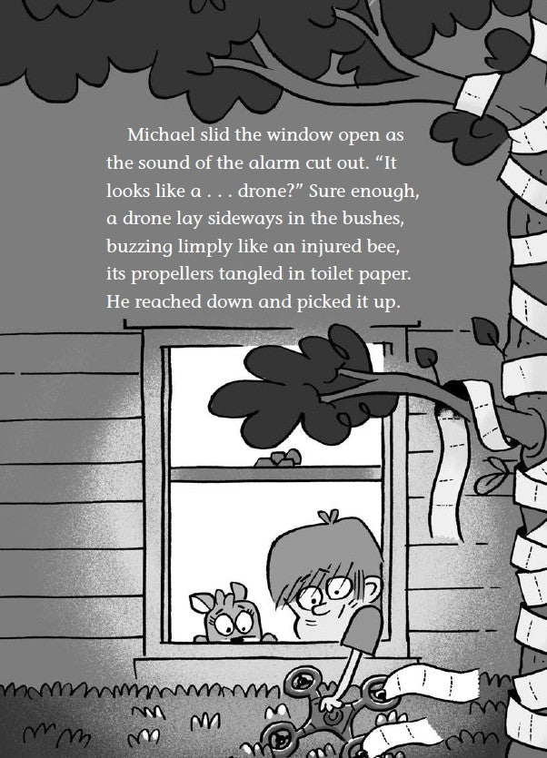 Book 6 – Whirly Squirrelies | The Dead Sea Squirrels Series – A Fun Christian Story About Self-Control and Friendship for Kids. Illustration of a child looking out a window with a drone and toilet paper, text overlay.