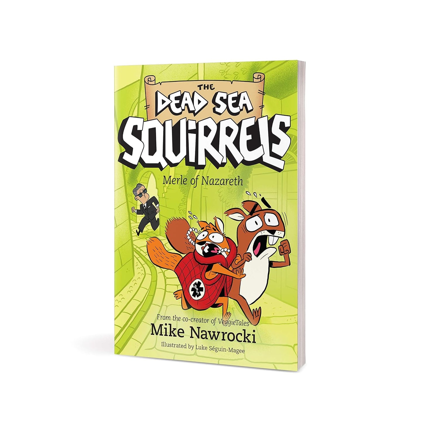 Book 7 – Merle of Nazareth – The Dead Sea Squirrels | Christian Adventure for Kids. Second cover view of Merle of Nazareth with cartoon squirrels on a green background – Dead Sea Squirrels Christian adventure for kids ages 6–10