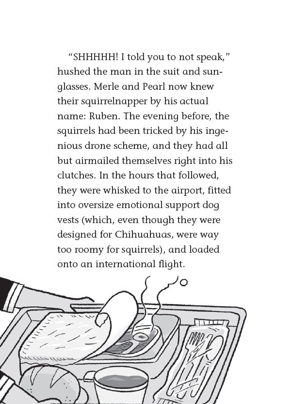 Book 7 – Merle of Nazareth – The Dead Sea Squirrels | Christian Adventure for Kids. Interior text excerpt with cartoon illustration of a character at an airport – Dead Sea Squirrels Christian adventure for kids ages 6–10
