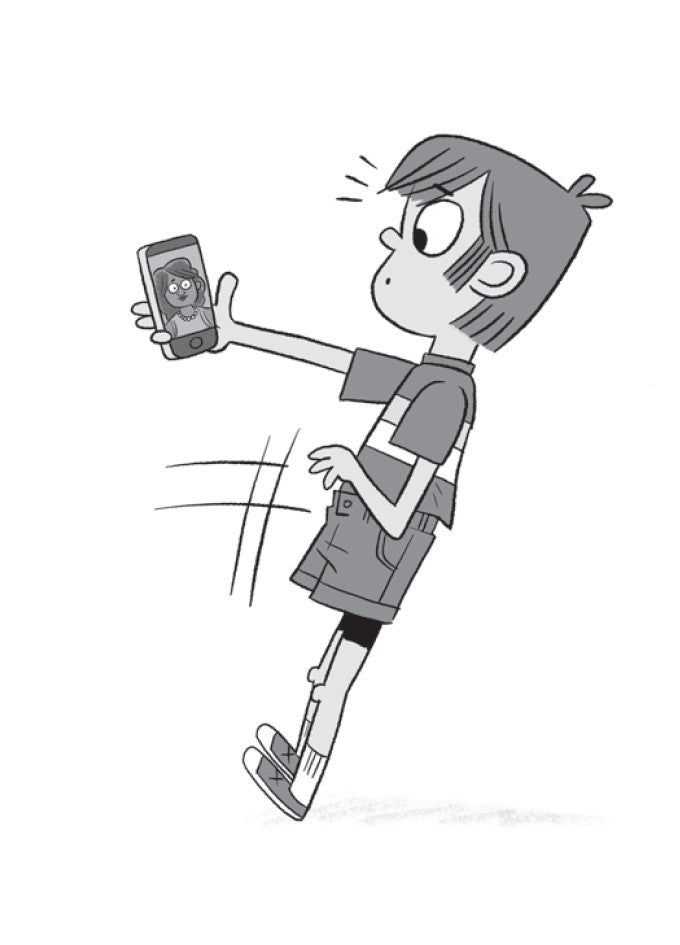 Book 8 – A Dusty Donkey Detour – The Dead Sea Squirrels | Christian Adventure Story for Kids. Interior illustration of a cartoon character holding a smartphone with a surprised expression – Dead Sea Squirrels Christian adventure for kids ages 6–10