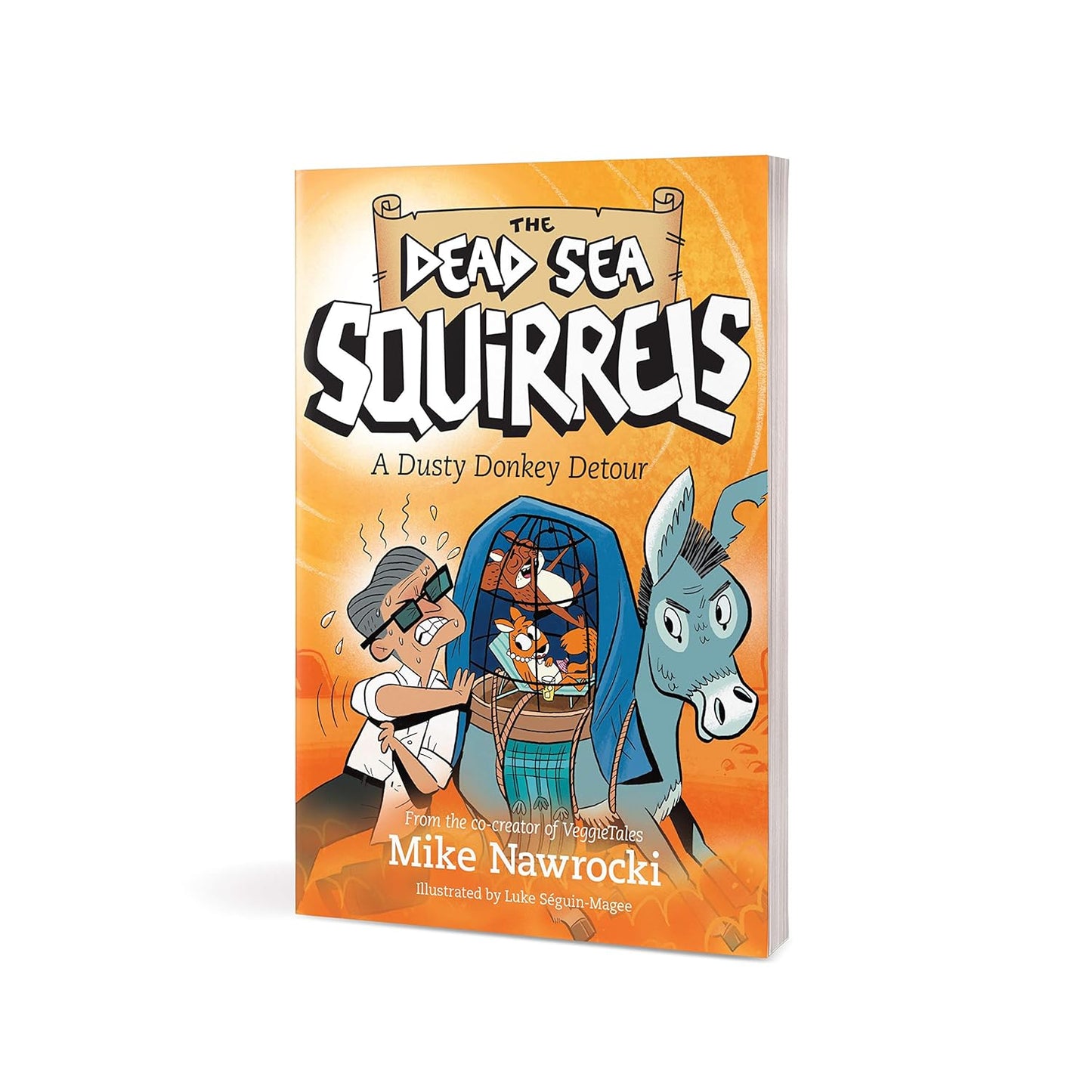 Book 8 – A Dusty Donkey Detour – The Dead Sea Squirrels | Christian Adventure Story for Kids. Second cover view of A Dusty Donkey Detour with cartoon characters on an orange background – Dead Sea Squirrels Christian adventure for kids ages 6–10