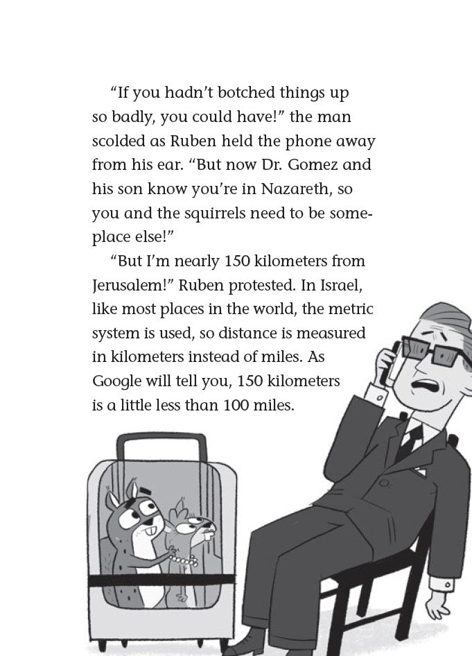 Book 8 – A Dusty Donkey Detour – The Dead Sea Squirrels | Christian Adventure Story for Kids. Interior illustration of a cartoon character holding a phone with text about distances in Israel and Jerusalem – Dead Sea Squirrels chapter book for kids ages 6–10
