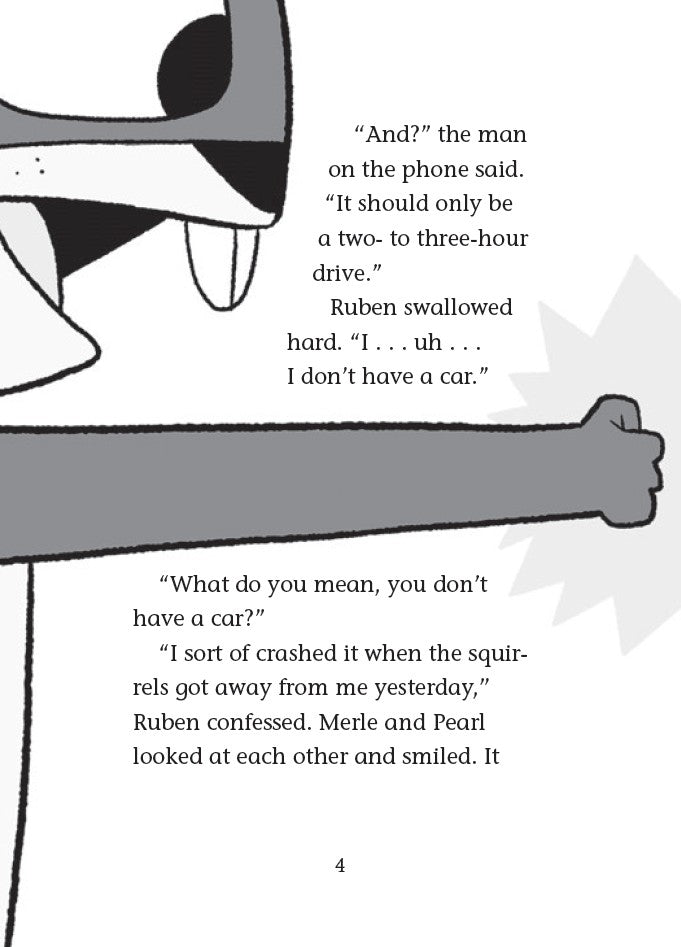 Book 8 – A Dusty Donkey Detour – The Dead Sea Squirrels | Christian Adventure Story for Kids. Interior comic strip with a character on the phone and story text about not having a car – Dead Sea Squirrels Christian adventure for kids ages 6–10