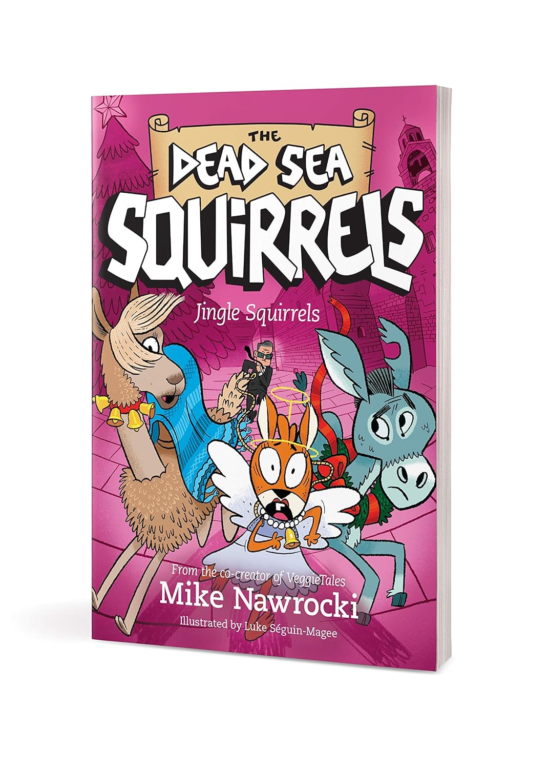 Book 9 – Jingle Squirrels – The Dead Sea Squirrels | Christian Christmas Adventure Story for Kids. Second cover view of Jingle Squirrels with cartoon characters on a pink background – Dead Sea Squirrels Christian Christmas adventure for kids ages 6–10