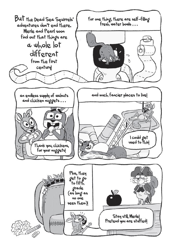 Book 12  – BabbleLand Breakout - The Dead Sea Squirrels. Comic strip with animated characters in a humorous scenario