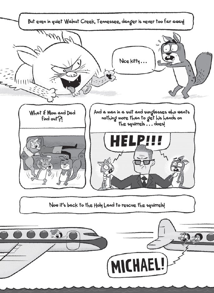 Book 12  – BabbleLand Breakout - The Dead Sea Squirrels. Comic strip with cartoon characters and text bubbles in black and white.