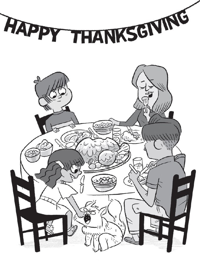 Book 9 – Jingle Squirrels – The Dead Sea Squirrels | Christian Christmas Adventure Story for Kids. Black and white illustration of a family and dog at a Thanksgiving dinner table with Happy Thanksgiving banner – Dead Sea Squirrels chapter book for kids ages 6–10