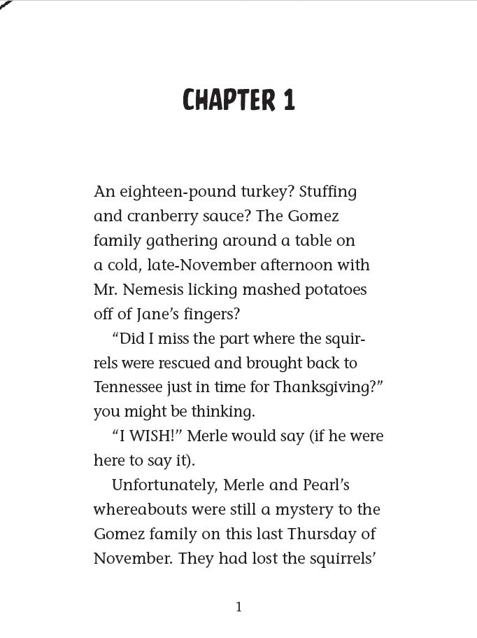 Book 9 – Jingle Squirrels – The Dead Sea Squirrels | Christian Christmas Adventure Story for Kids. Interior story page with text about a Thanksgiving gathering involving a turkey, family, and squirrels – Dead Sea Squirrels Christian chapter book for kids ages 6–10