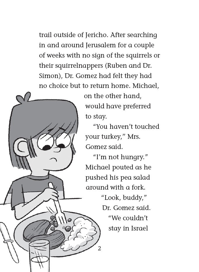 Book 9 – Jingle Squirrels – The Dead Sea Squirrels | Christian Christmas Adventure Story for Kids. Interior comic strip of a character eating at a table with story text – Dead Sea Squirrels Christian Christmas adventure for kids ages 6–10 by Mike Nawrocki