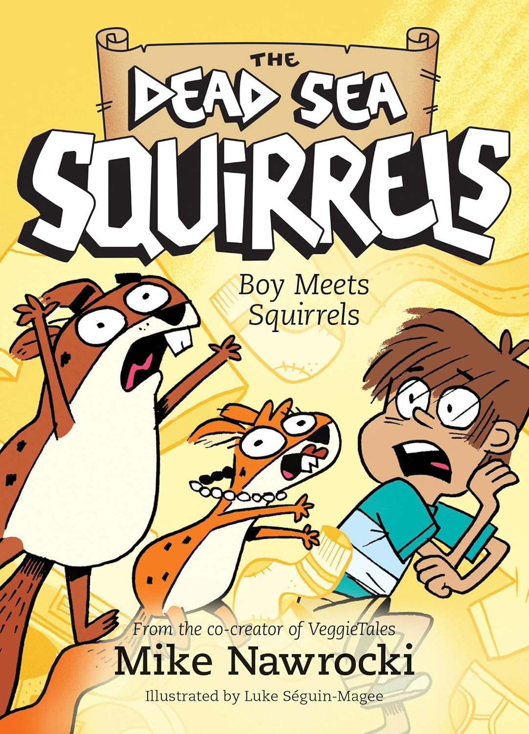 Book 2 – Boy Meets Squirrels | The Dead Sea Squirrels Series – A Fun Christian Adventure for Kids with cartoon characters on a yellow background