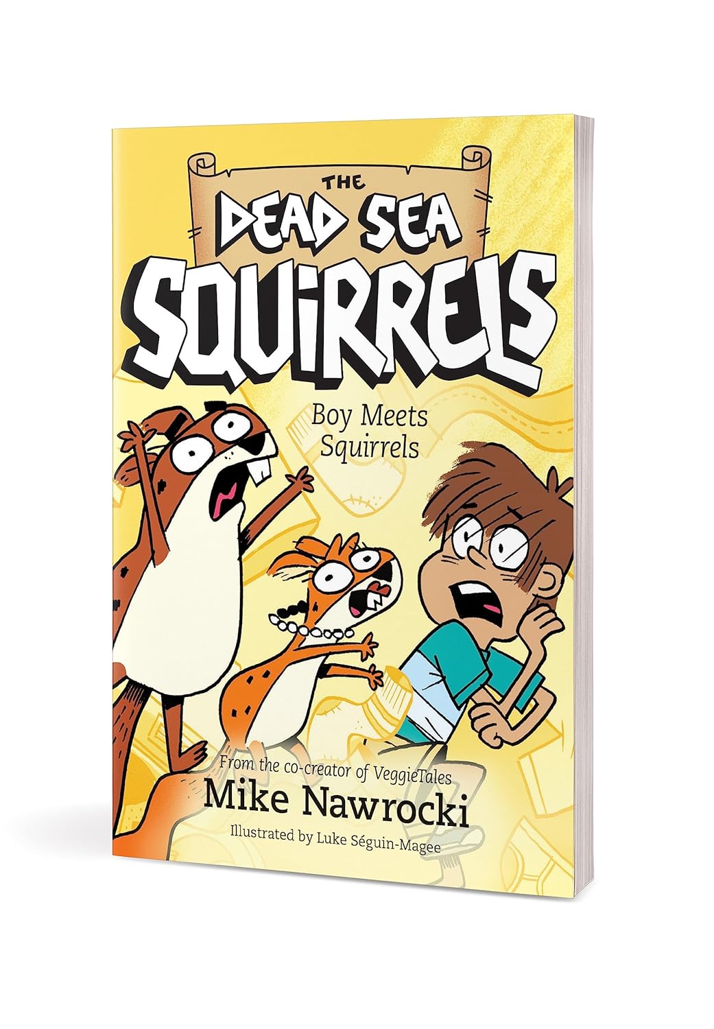 Book 2 – Boy Meets Squirrels | The Dead Sea Squirrels Series – A Fun Christian Adventure for Kids. Book cover of 'The Dead Sea Squirrels' with cartoon characters on a yellow background