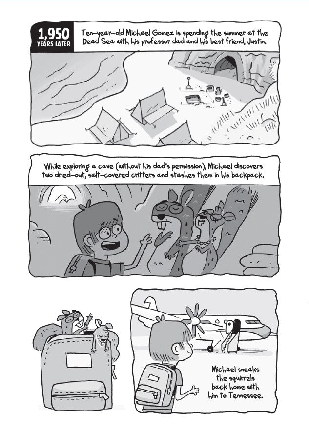 Book 2 – Boy Meets Squirrels | The Dead Sea Squirrels Series – A Fun Christian Adventure for Kids a character discovering critters in a backpack.