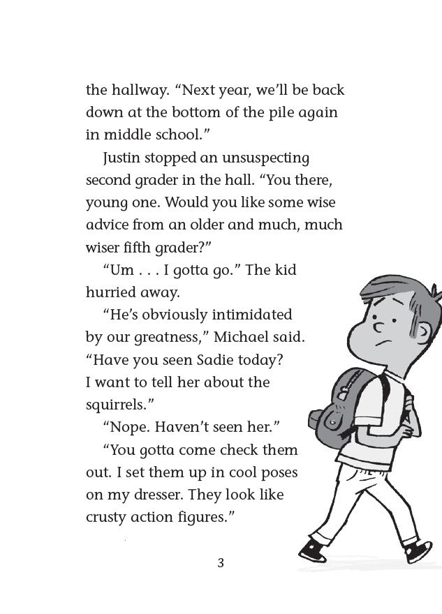 Book 2 – Boy Meets Squirrels | The Dead Sea Squirrels Series – A Fun Christian Adventure for Kids. Comic strip of a student with a backpack walking in a hallway, with text on a white background.
