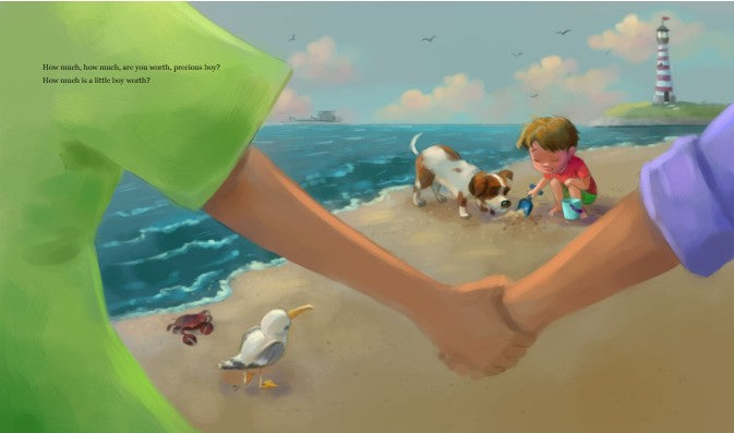 How Much Is a Little Boy Worth? | Christian Picture Book on God’s Love & Value for Boys. Illustration of two children holding hands with a dog on a beach, looking at a lighthouse.