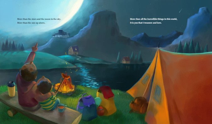 How Much Is a Little Boy Worth? | Christian Picture Book on God’s Love & Value for Boys. Family camping by a lake at night with a tent and campfire.