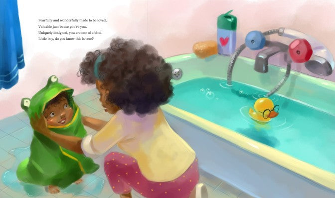 How Much Is a Little Boy Worth? | Christian Picture Book on God’s Love & Value for Boys. Illustration of two children playing with a rubber duck in a bathtub.