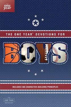 Book cover of 'The One Year Devotions for Boys' with sports-themed design on blue background