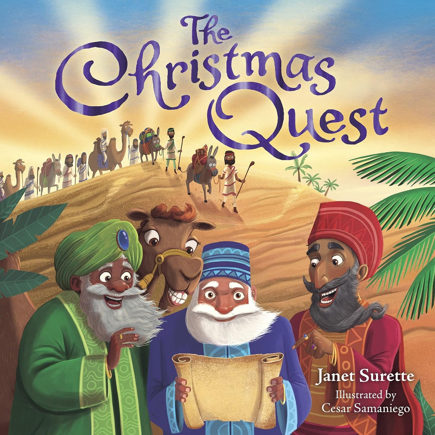 The Christmas Quest: A Wise Men’s Journey to Jesus (Hardcover). Book cover of 'The Christmas Quest' with characters and camels on a desert background