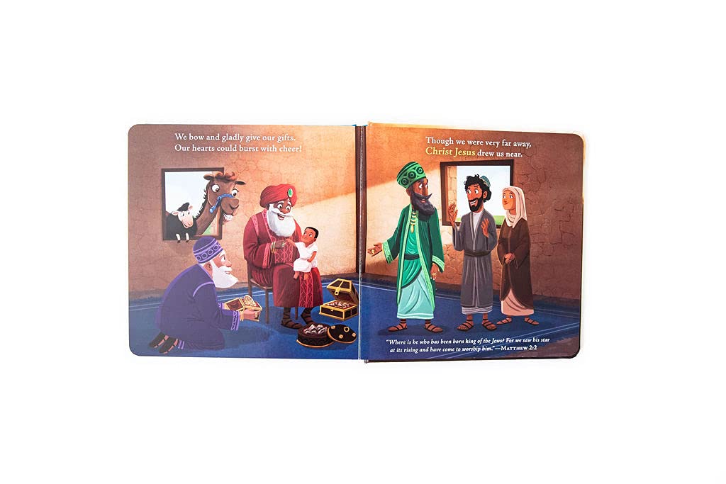 The Christmas Quest: A Wise Men’s Journey to Jesus (Hardcover). Illustrated book open to a page with religious figures and text on a white background