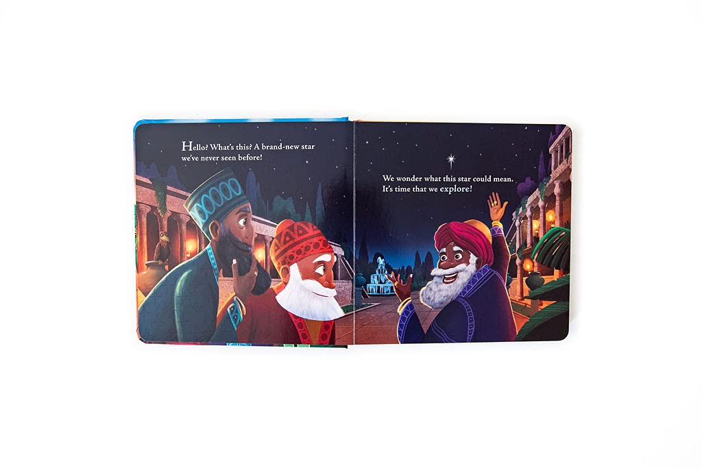The Christmas Quest: A Wise Men’s Journey to Jesus (Hardcover). Open book showing two animated characters in a festive setting with text.
