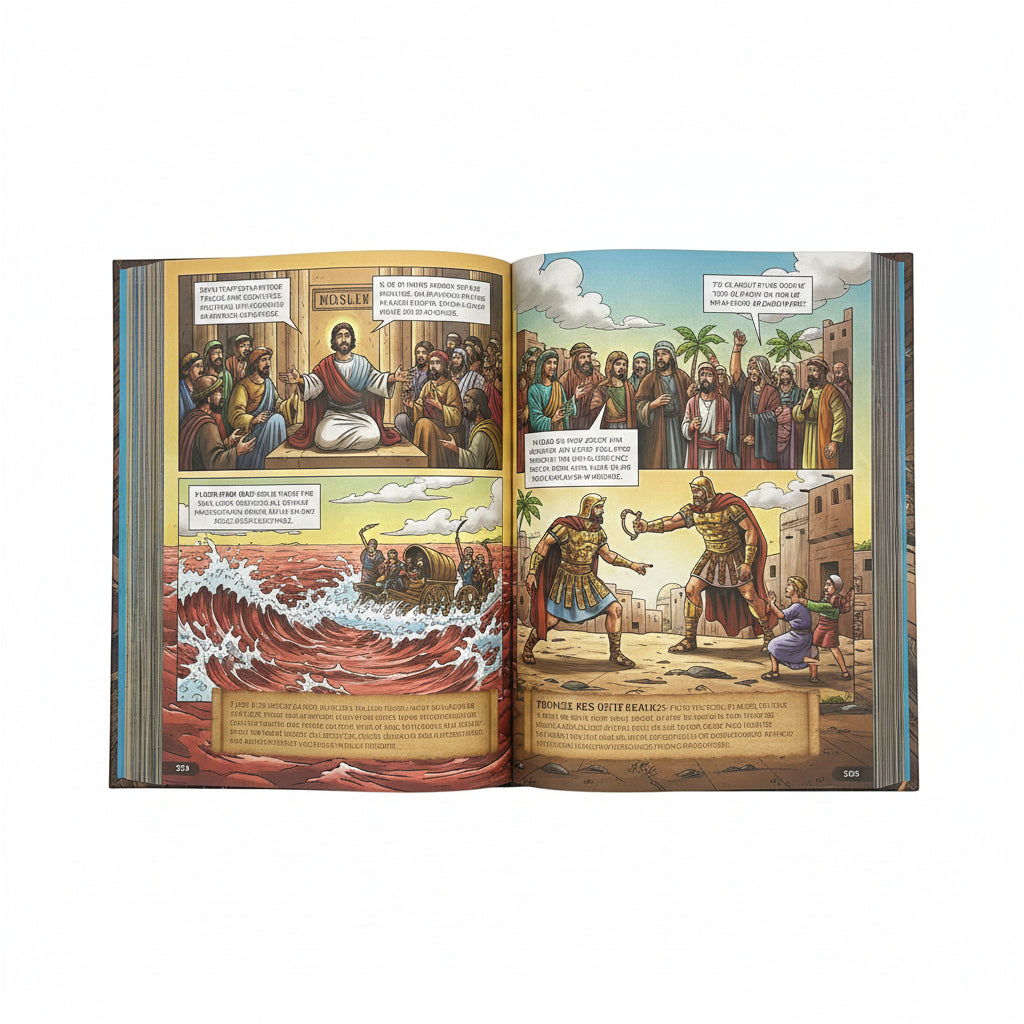 Epic Bible + BibleForce Ultimate Bundle – Premium Christian Gift Set. Interior comic-style panels from BibleForce: The First Heroes Bible in the Ultimate Bundle – illustrated biblical heroes for kids ages 6–12