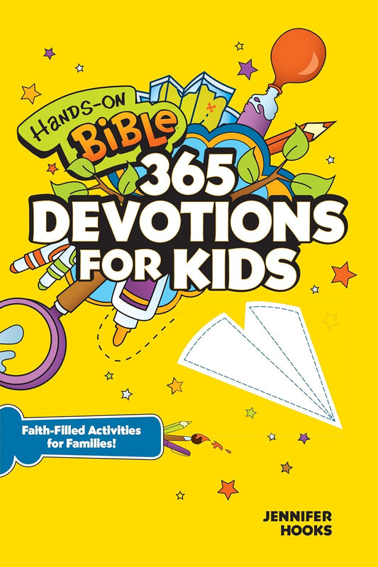 Hands-On Bible Devotions for Kids | 365 Fun Faith Activities for Families. Book cover of 'Hands-On Bible 365 Devotions for Kids' with colorful design elements on a yellow background.