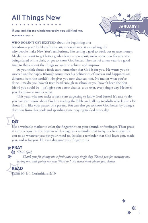 Hands-On Bible Devotions for Kids | 365 Fun Faith Activities for Families. January prayer journal page with text and decorative elements on a white background