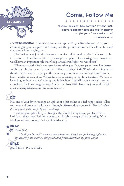 Hands-On Bible Devotions for Kids | 365 Fun Faith Activities for Families. Page from a 'Come, Follow Me' study guide for January 2, featuring text and a prayer.