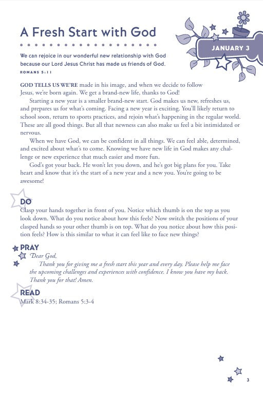 Hands-On Bible Devotions for Kids | 365 Fun Faith Activities for Families. Page from a devotional book with text and a star design on a white background