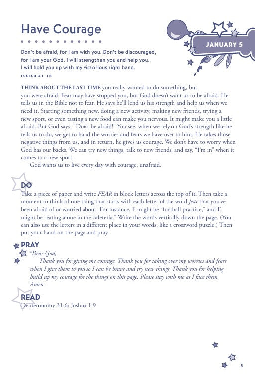 Hands-On Bible Devotions for Kids | 365 Fun Faith Activities for Families. Page from a book or journal titled 'Have Courage' with text and decorative elements.