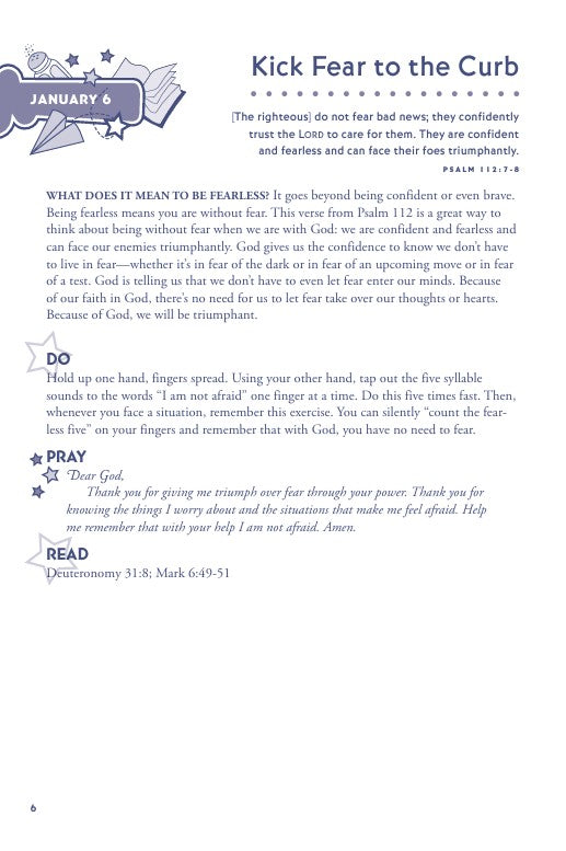Hands-On Bible Devotions for Kids | 365 Fun Faith Activities for Families. Page from a devotional book with text on being fearless and facing fears with God's help, including a prayer and reading suggestion.