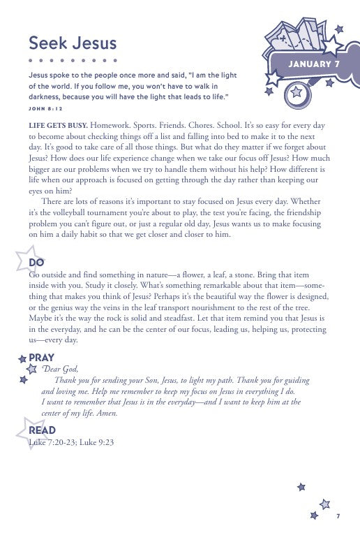 Hands-On Bible Devotions for Kids | 365 Fun Faith Activities for Families. Page from a devotional book with text and a star design on a white background