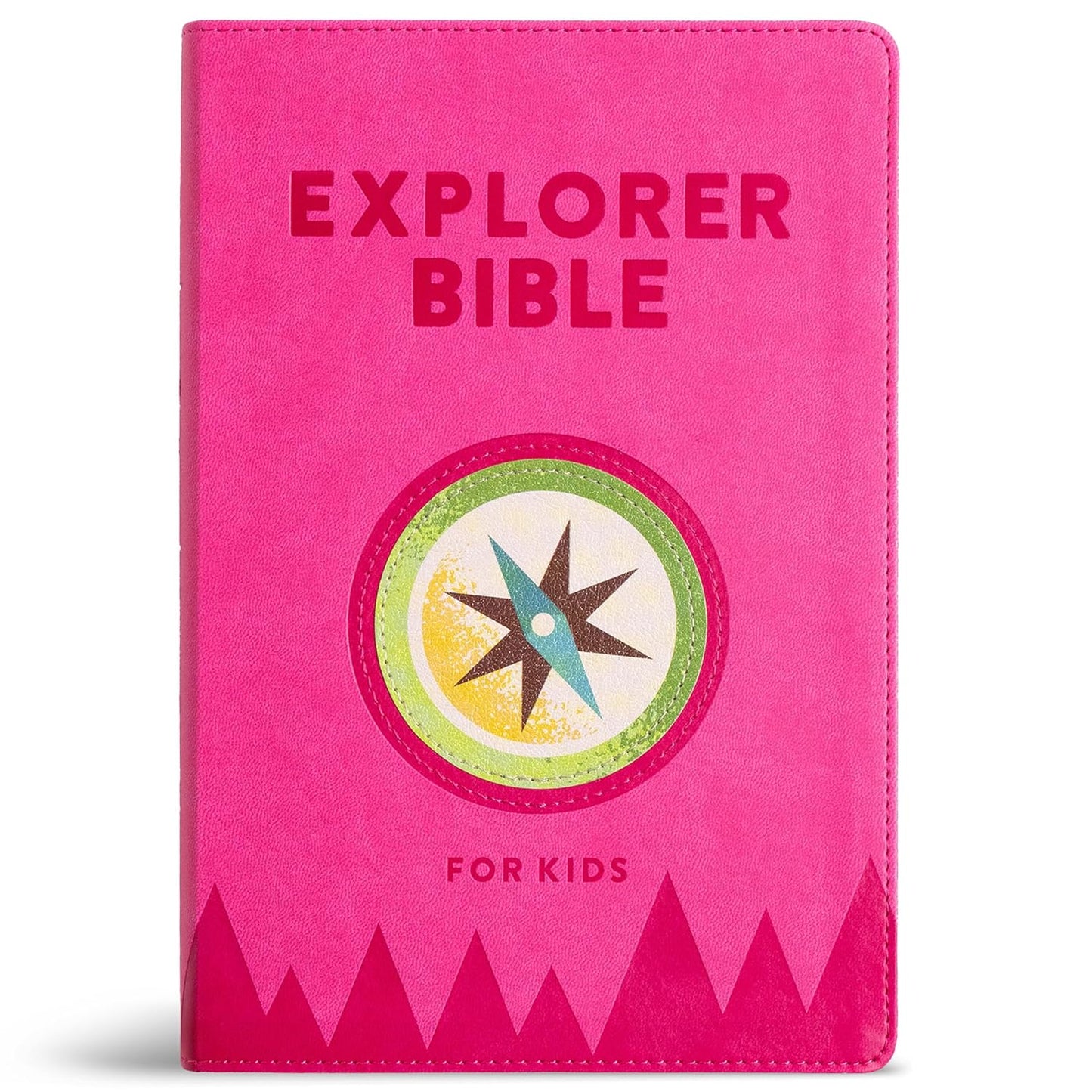KJV Explorer Bible for Kids – Bubble Gum LeatherTouch (Full-Color Study Edition). Pink Bible cover for kids with compass design and 'Explorer Bible' text on a white background
