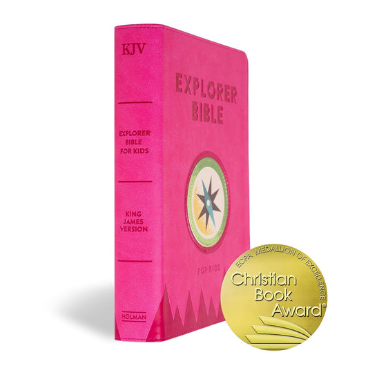 KJV Explorer Bible for Kids – Bubble Gum LeatherTouch (Full-Color Study Edition). Pink Bible for kids with 'Explorer Bible' text and a yellow Christian Book Award badge on a white background
