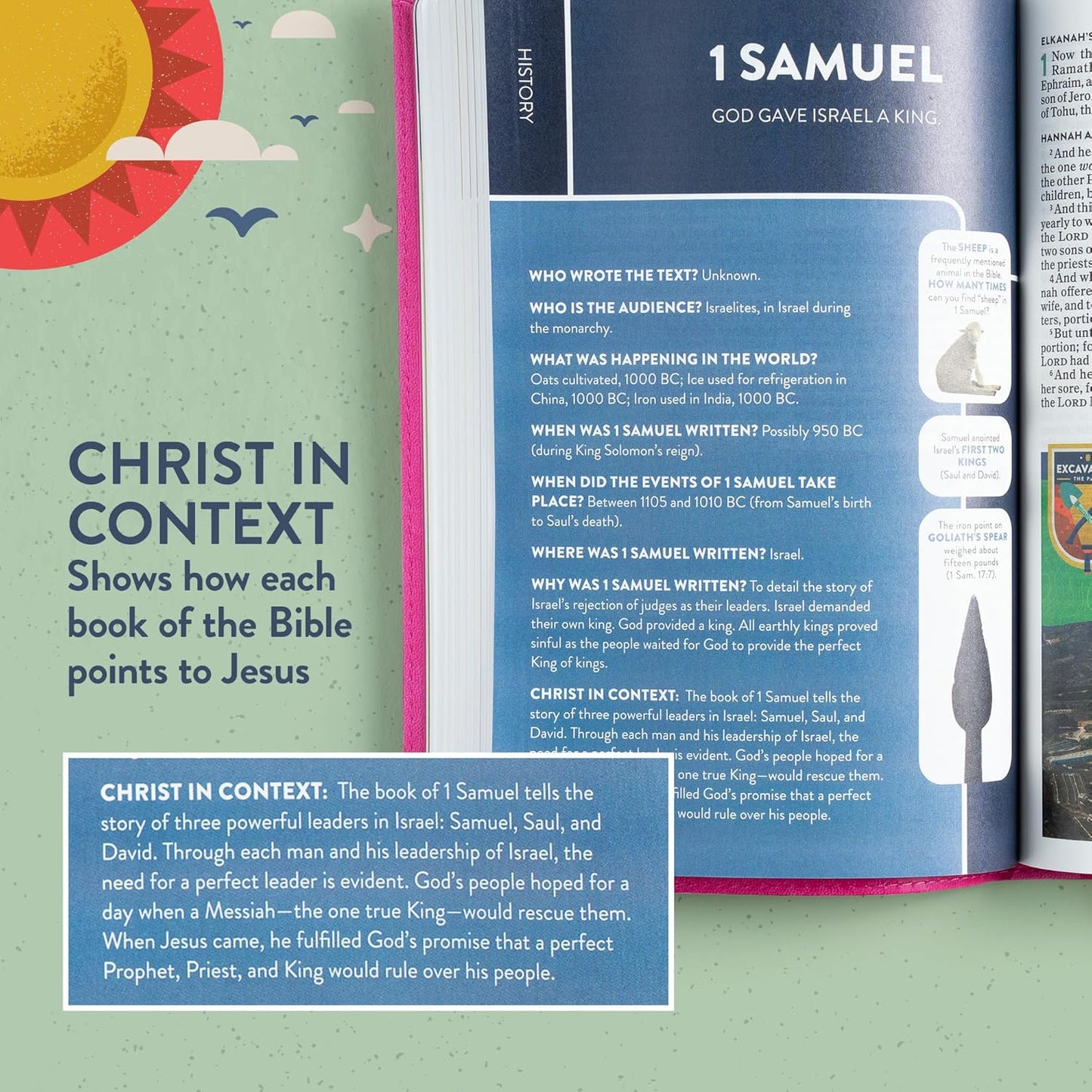 KJV Explorer Bible for Kids – Bubble Gum LeatherTouch (Full-Color Study Edition). Open Bible with '1 Samuel' chapter and 'Christ in Context' explanation on a green background