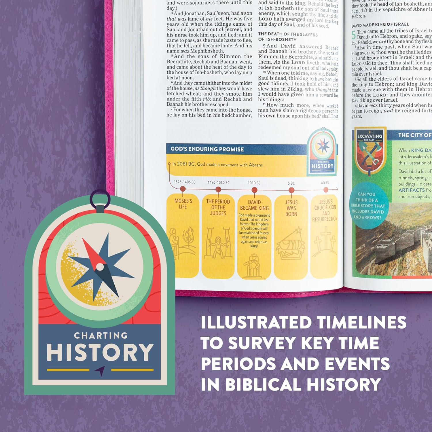 KJV Explorer Bible for Kids – Bubble Gum LeatherTouch (Full-Color Study Edition). Bible with illustrated timelines on a purple background