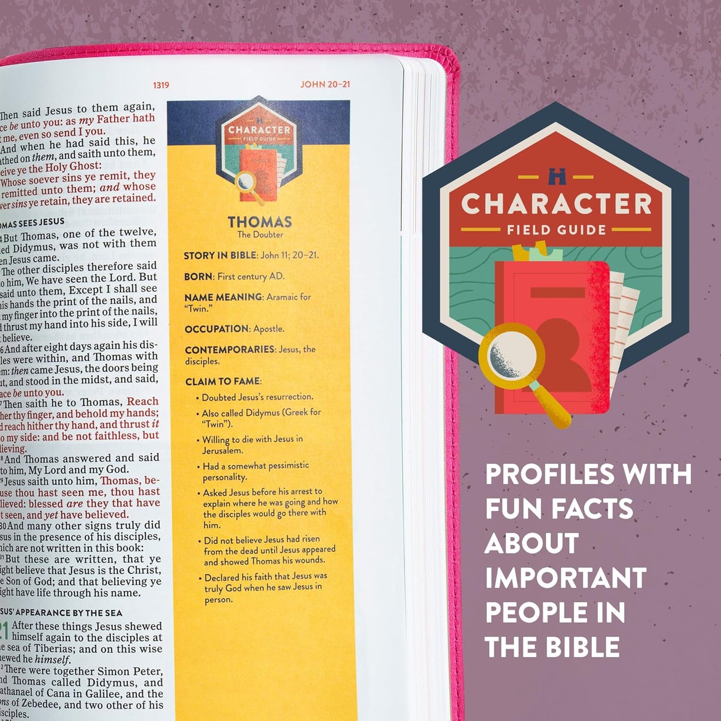 KJV Explorer Bible for Kids – Bubble Gum LeatherTouch (Full-Color Study Edition). Open Bible with character field guide and fun facts about important people in the Bible on a purple background