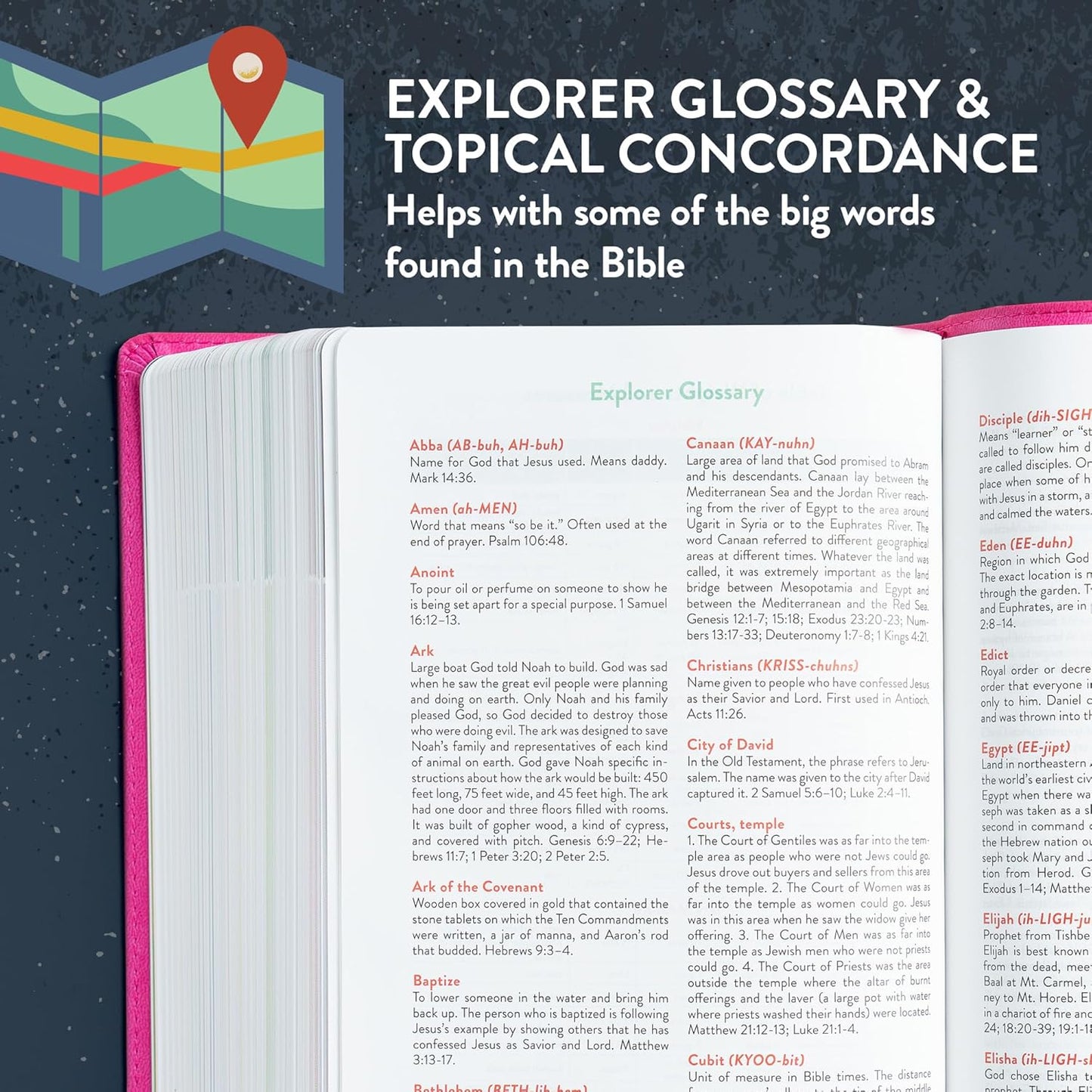 KJV Explorer Bible for Kids – Bubble Gum LeatherTouch (Full-Color Study Edition). Open Bible with Explorer Glossary and Topical Concordance on a dark background