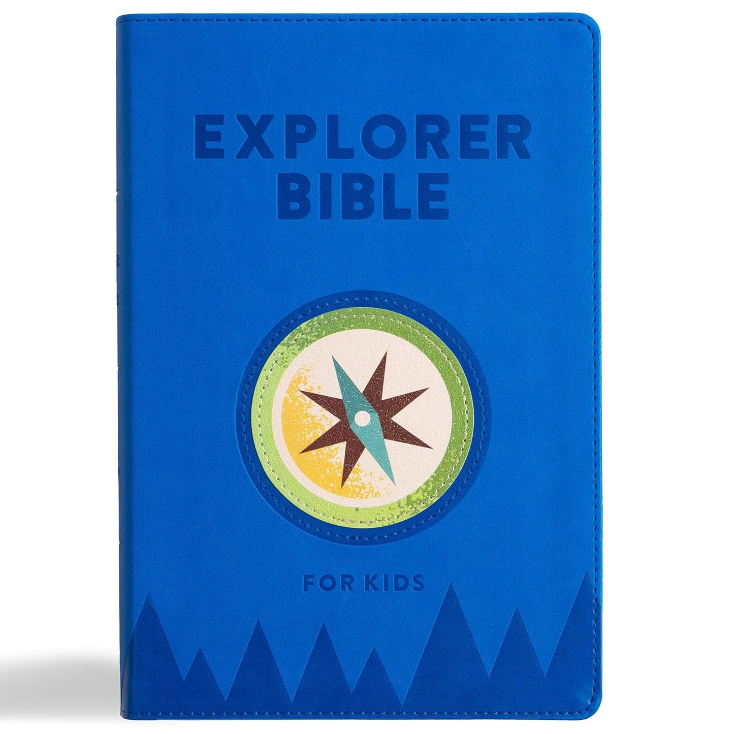 KJV Explorer Bible for Kids – Royal Blue LeatherTouch (Full-Color Study Edition). Blue Bible cover for kids with compass design and 'Explorer Bible' text on a white background