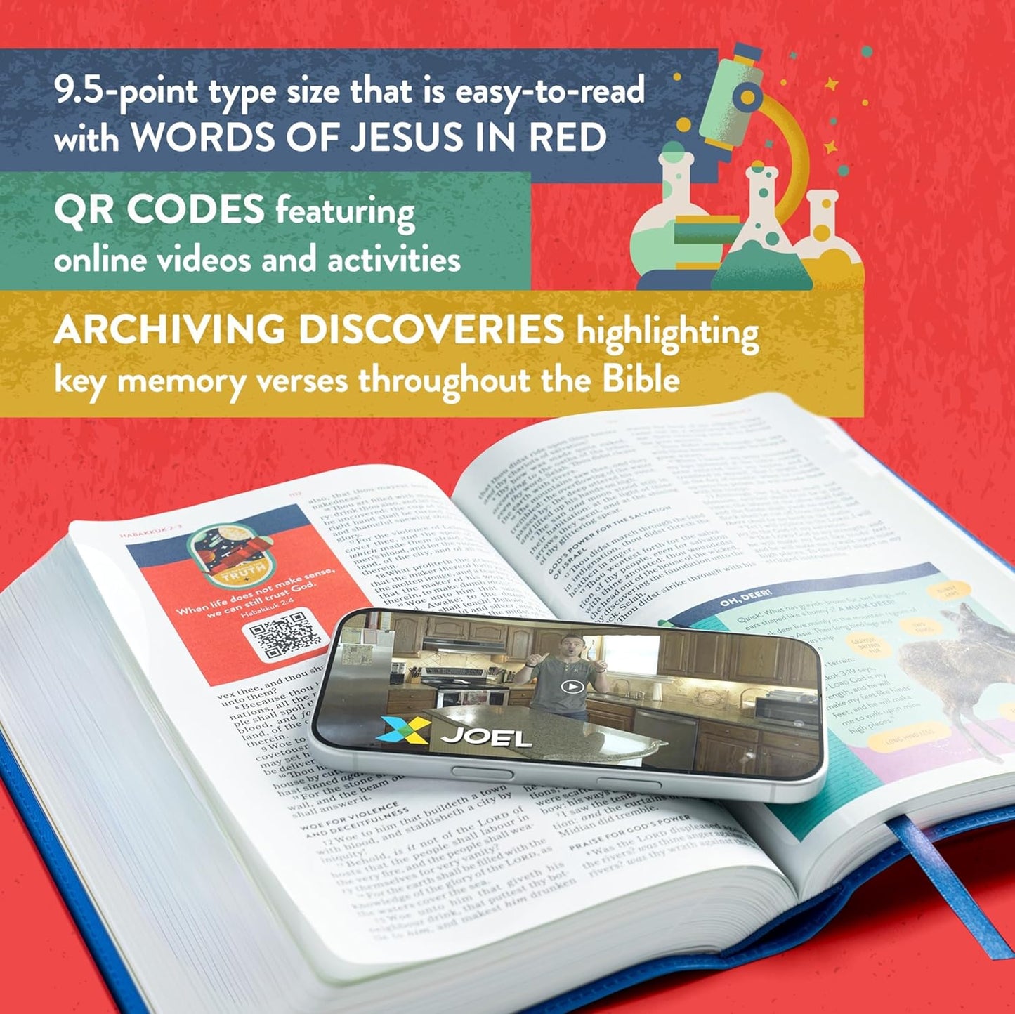 KJV Explorer Bible for Kids – Royal Blue LeatherTouch (Full-Color Study Edition). Open Bible with a smartphone displaying an app interface on a red background